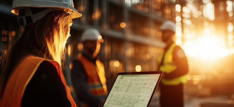 Mulher no canteiro de obras mexendo em seu notebook. Na tela do computador está o Linkedin, uma das maneiras de anunciar para construtoras