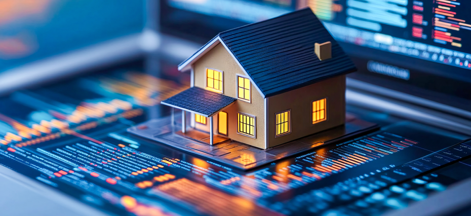 Miniatura de uma casa posicionada sobre telas que mostram gráficos detalhando a variação de SEO, uma das maneiras de anunciar para construtoras